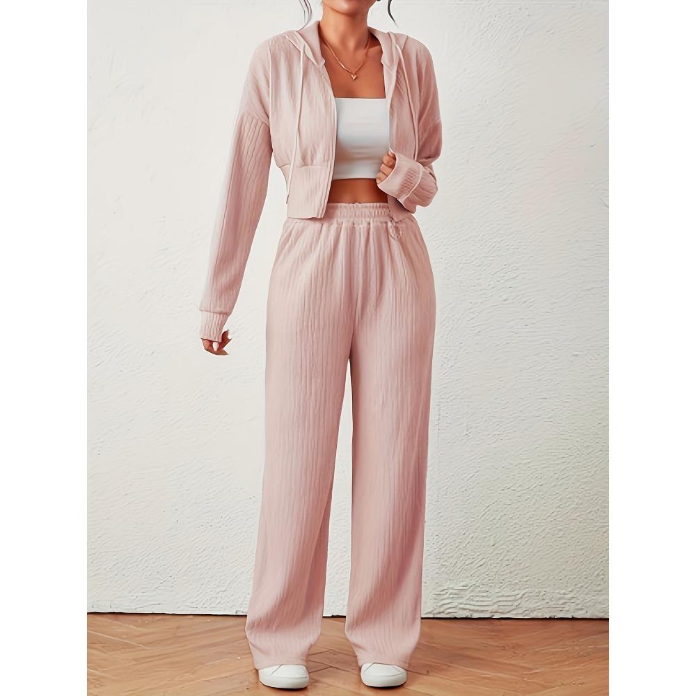 Women's Loose Rib Knit Two Piece Tracksuit Long Sleeve Zip Hoodie Elastic Waist Wide Leg Pants Matching Outfit