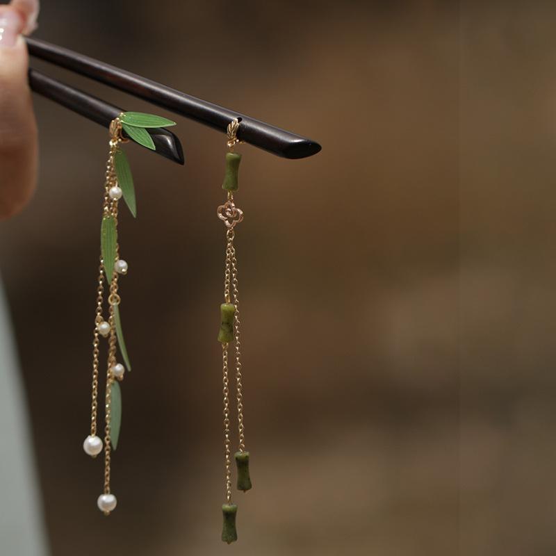 Bamboo leaf pearl fringed hairpin antique Mori simple disc hair wooden hairpin fashionable retro Guochao hair accessories women