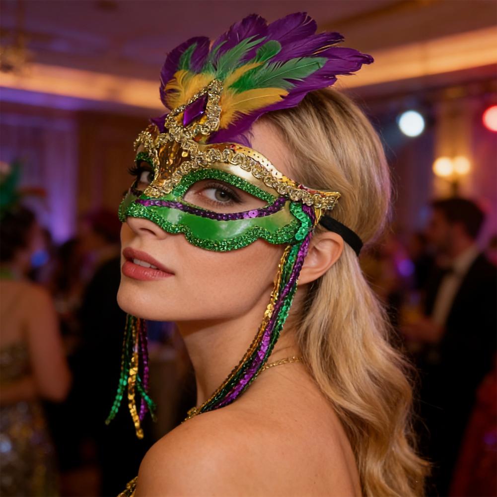 Maskarada cekinowa Maska Mardi Gras Pióro Maskarada Zielona Żółta Fioletowa Dodatek do kostiumu Mardi Gras Maski karnawałowe Maski imprezowe