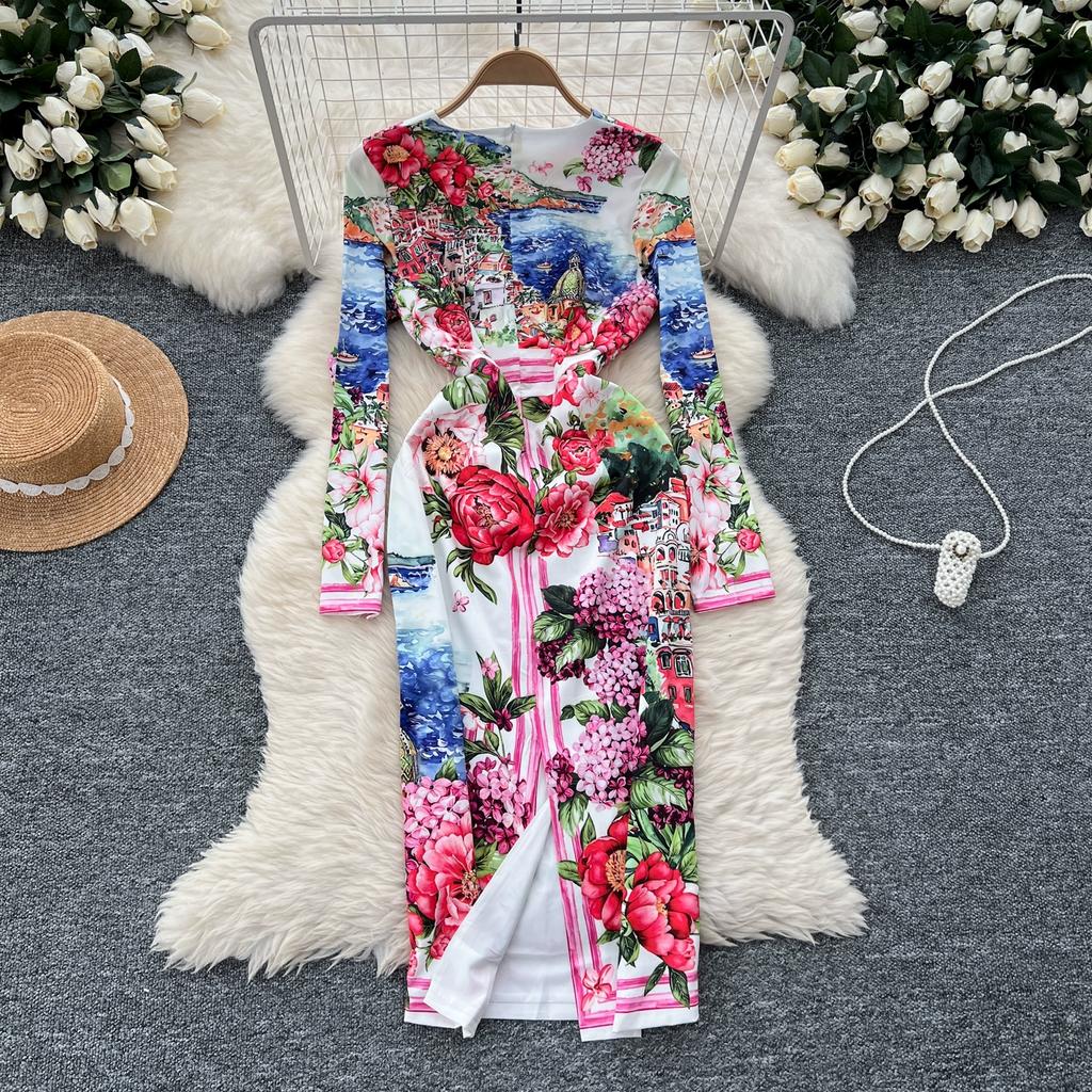 Spring Autumn Women Designer Vintage Print Runway Dresses O-neck Long Midi Office Party Slim Pencil Dress