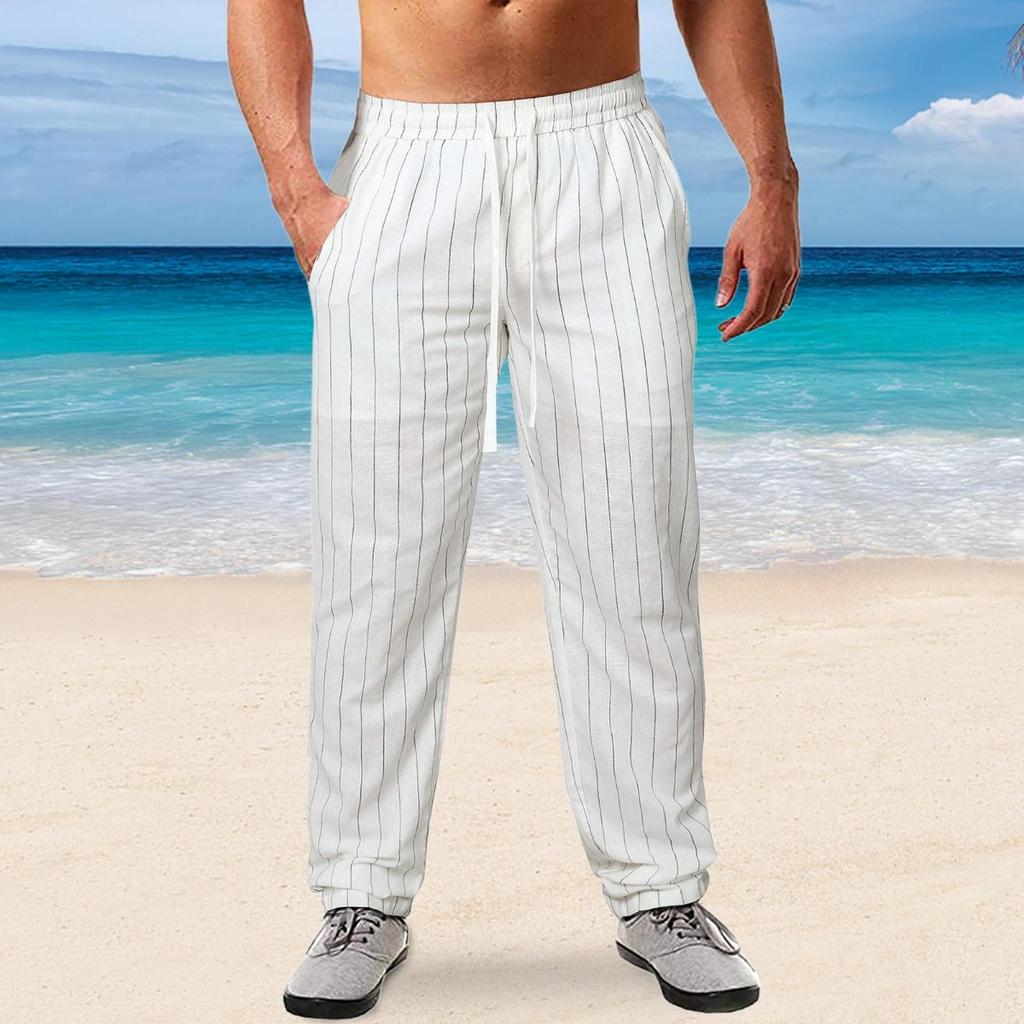New Men's Striped Cotton Linen Drawstring Elastic Waist Casual Long Beach Pants for European American