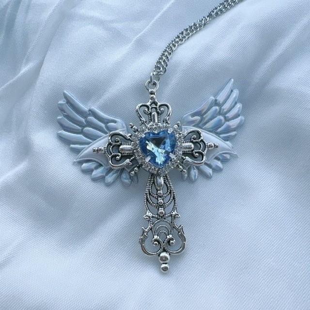 Elegant Y2k Gothic Cross Necklace With Olink Chain And Unique Angel Wing Design