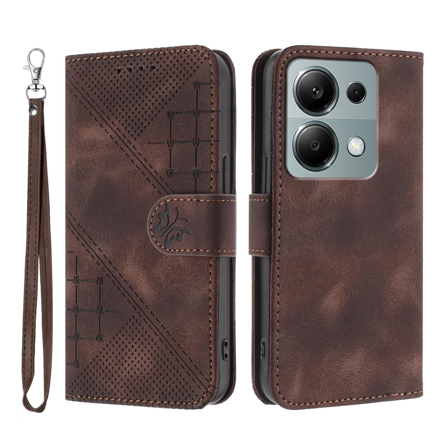 

Для Xiaomi Poco M6 Pro 4G/Xiaomi Redmi Note 13 Pro 4G Шкіряний чохол-гаманець з тисненням метелика та квітки, чохол для телефону з ремінцем Coffee