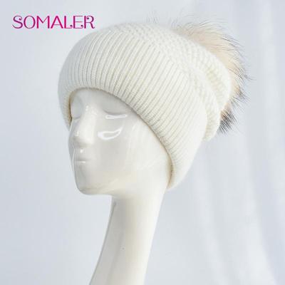 Dicke Strick Winter Echtfell Bommelmütze für Damen Zopfmuster Warme Fleecefutter Umschlagmütze Damen Wintermütze