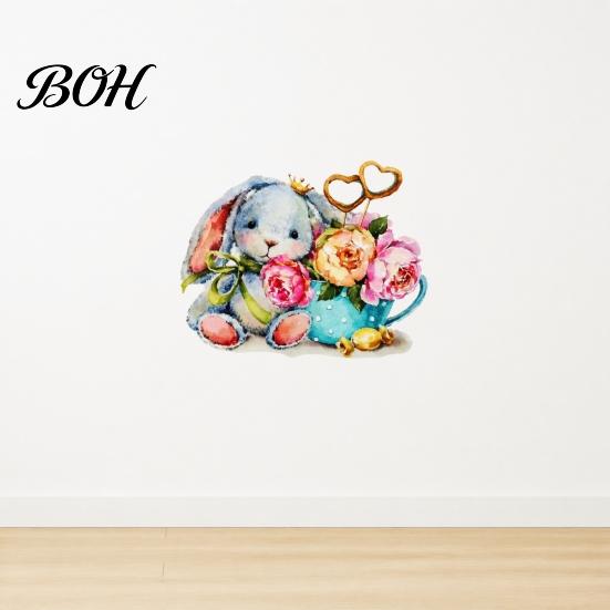 Easy Peel And Stick Murals Watercolor Rabbit & Flowers Light Switch Sticker, Cute Bunny Decal, Gift for Kids Room PVC Waterproof Wall Art Decors