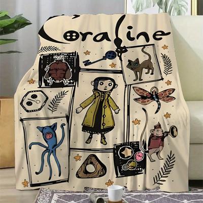 Koc Flanelowy w Stylu Coraline - Cyfrowo Drukowany Kolaż Zwierząt z Kreskówek, Dzianina Poliestrowa Komfortowy Pluszowy Koc na Cztery Pory Roku