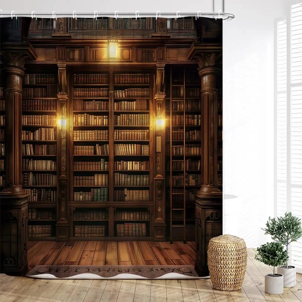 Vintage Bookshelf Shower Curtain, Magic Books Old Bookshelf Candles Ancient Attic Print Home Bathroom Decor With Hooks