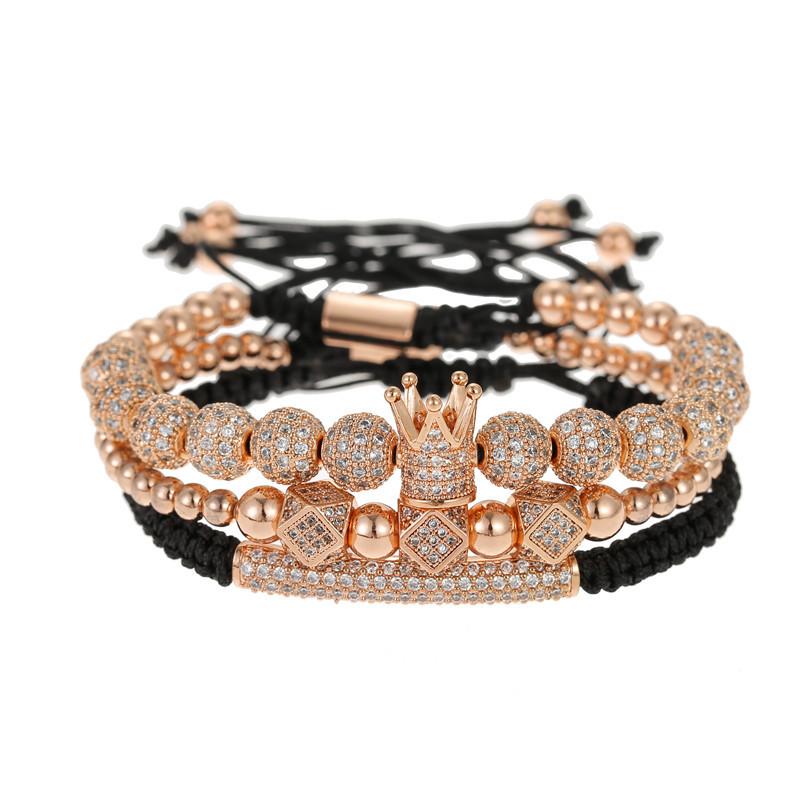 European and American Jewelry Copper Bead Braided Copper Inlaid Zirconium Diamond Ball Crown Elbow Rhombus Geometric Three-piece Bracelet Men