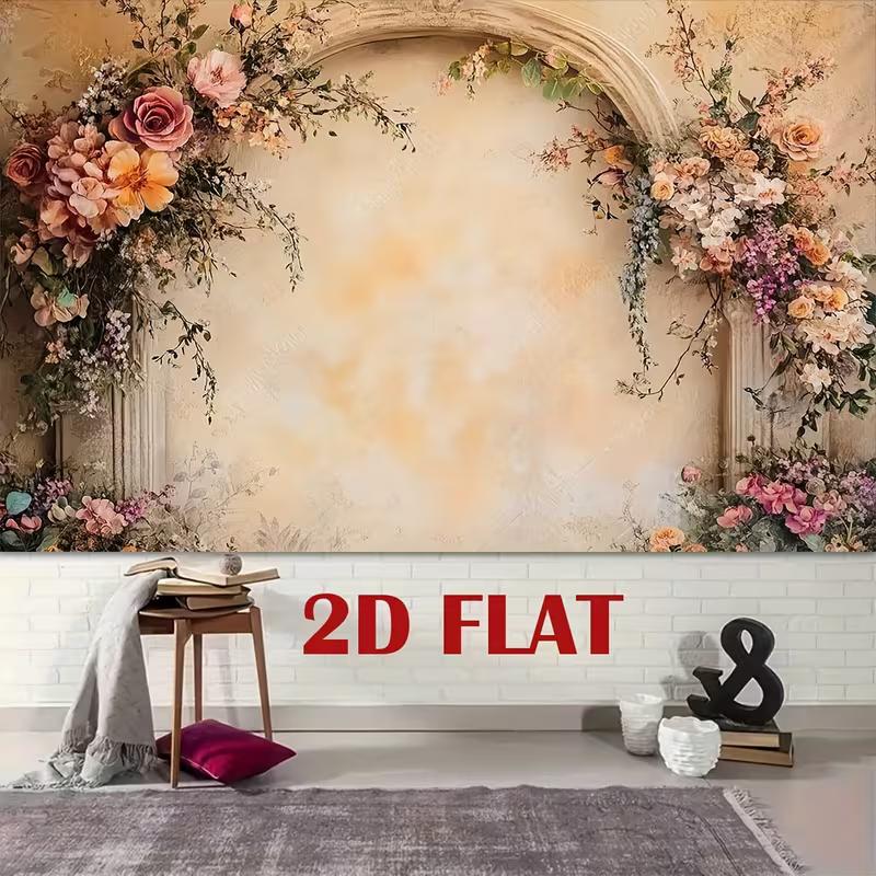 2D Rustic Beige Wall Backdrop with Floral Arrangements and Columns