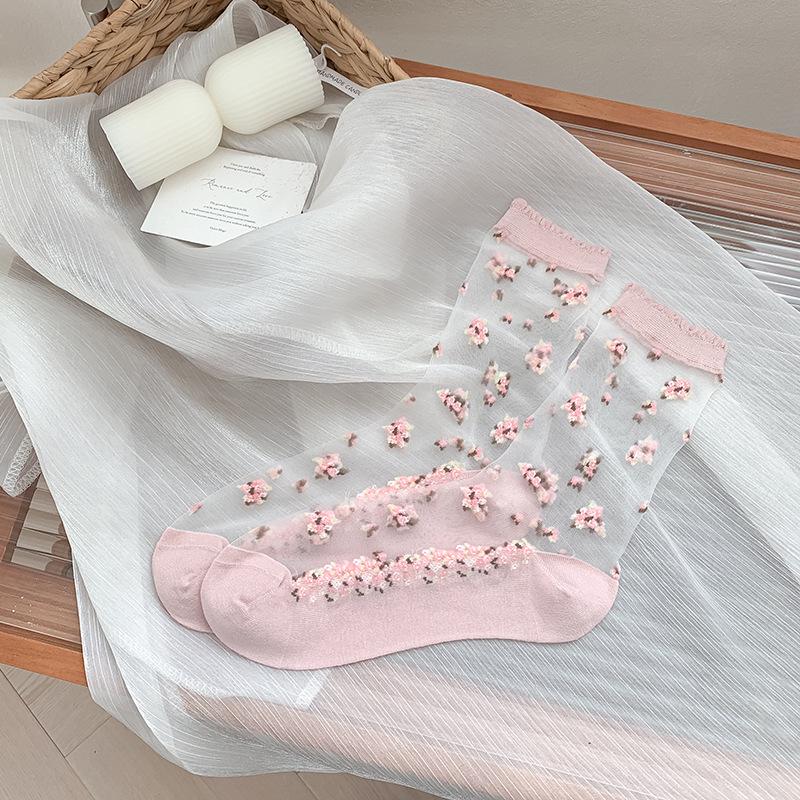 Spring/Summer Floral Lace Mid-Calf Socks - Women's Thin, Anti-Snag, Breathable, Transparent Cotton with Small Flower Design.