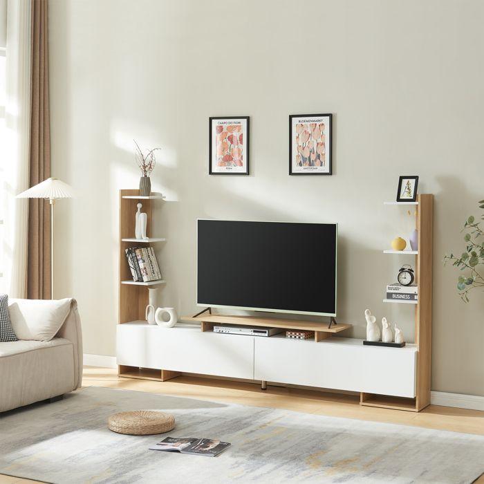 Meuble TV Rauki avec étagères latérales blanc / effet chêne