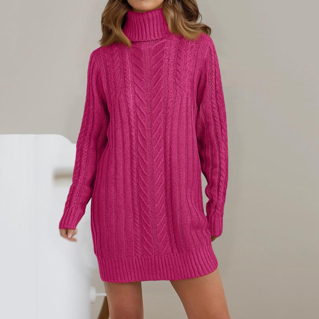Women's Fall And Winter Knitted Long-Sleeve Turtleneck Cable-Knit Slim-Fit Sweater Dress
