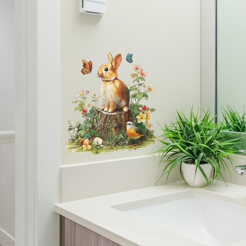 Static Cling Window Stickers Cartoon Bunny Tree Stump Flowers for Bathroom Sink Glass Display Home Decor