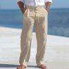 Men's Linen Trousers with Button Detail and Drawstring Summer Beach Trousers Straight-Leg Solid Colour Comfortable Breathable Long Trousers