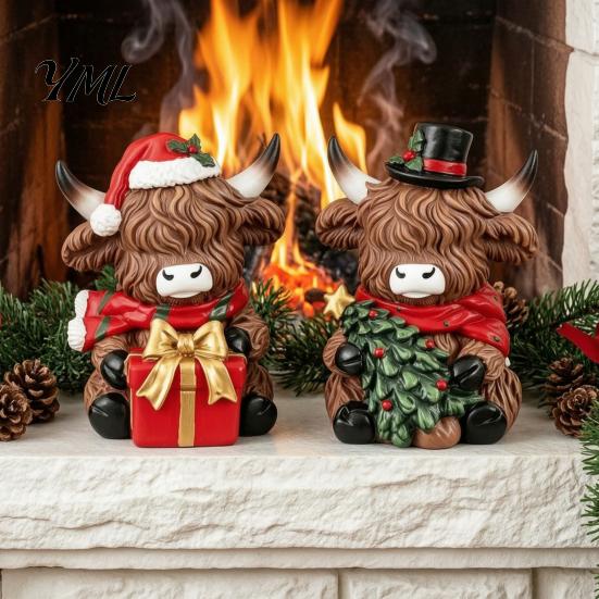 Cute Cattle Desk Ornaments Christmas Highland Cow Figurine, Resin Holiday Statue with Santa Hat & Holly Theme Decor Gift Box, Sitting Calf Desktop