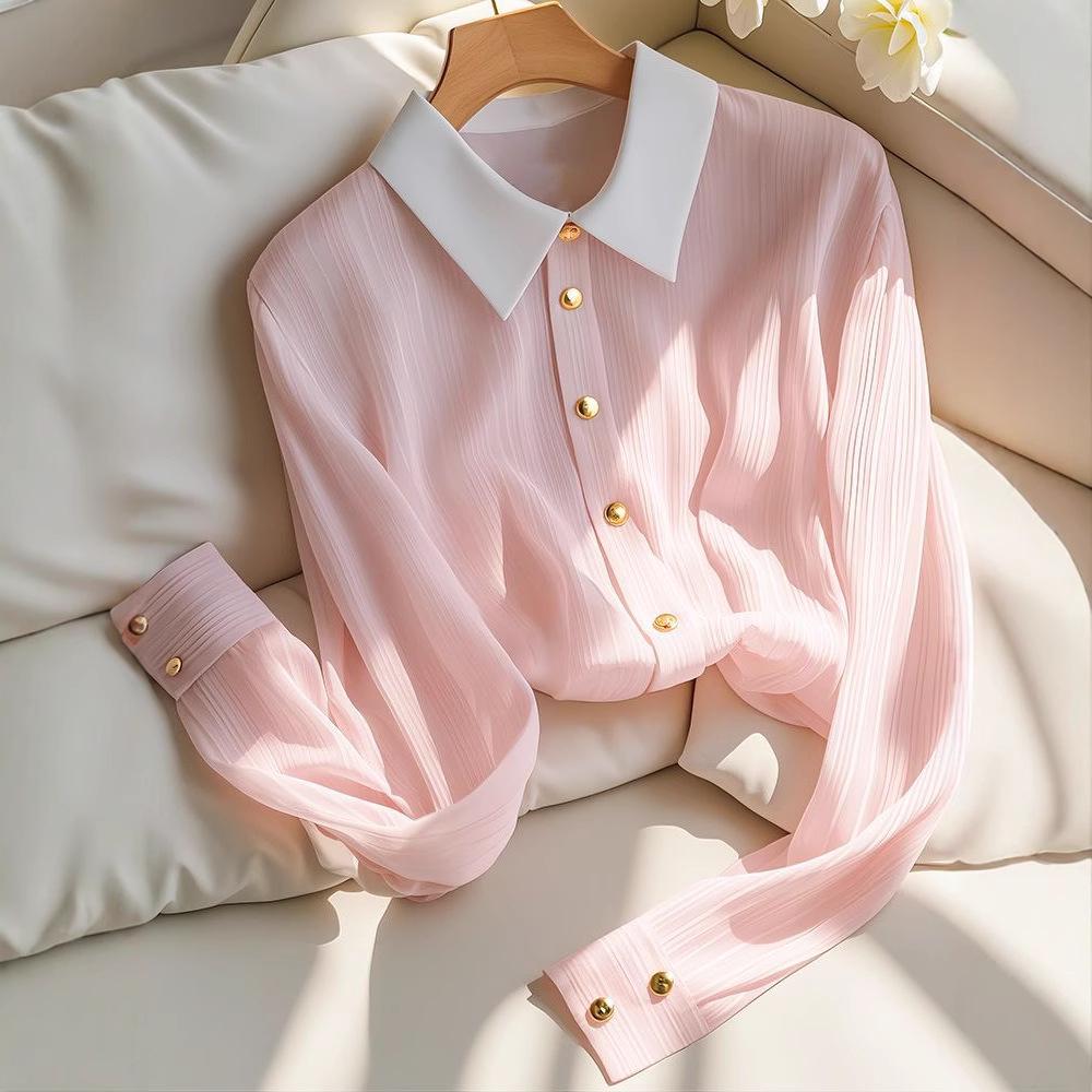2025 Women's Versatile Slimming Long-Sleeve Pink Blouse - High-End, Breathable, and Fashionable
