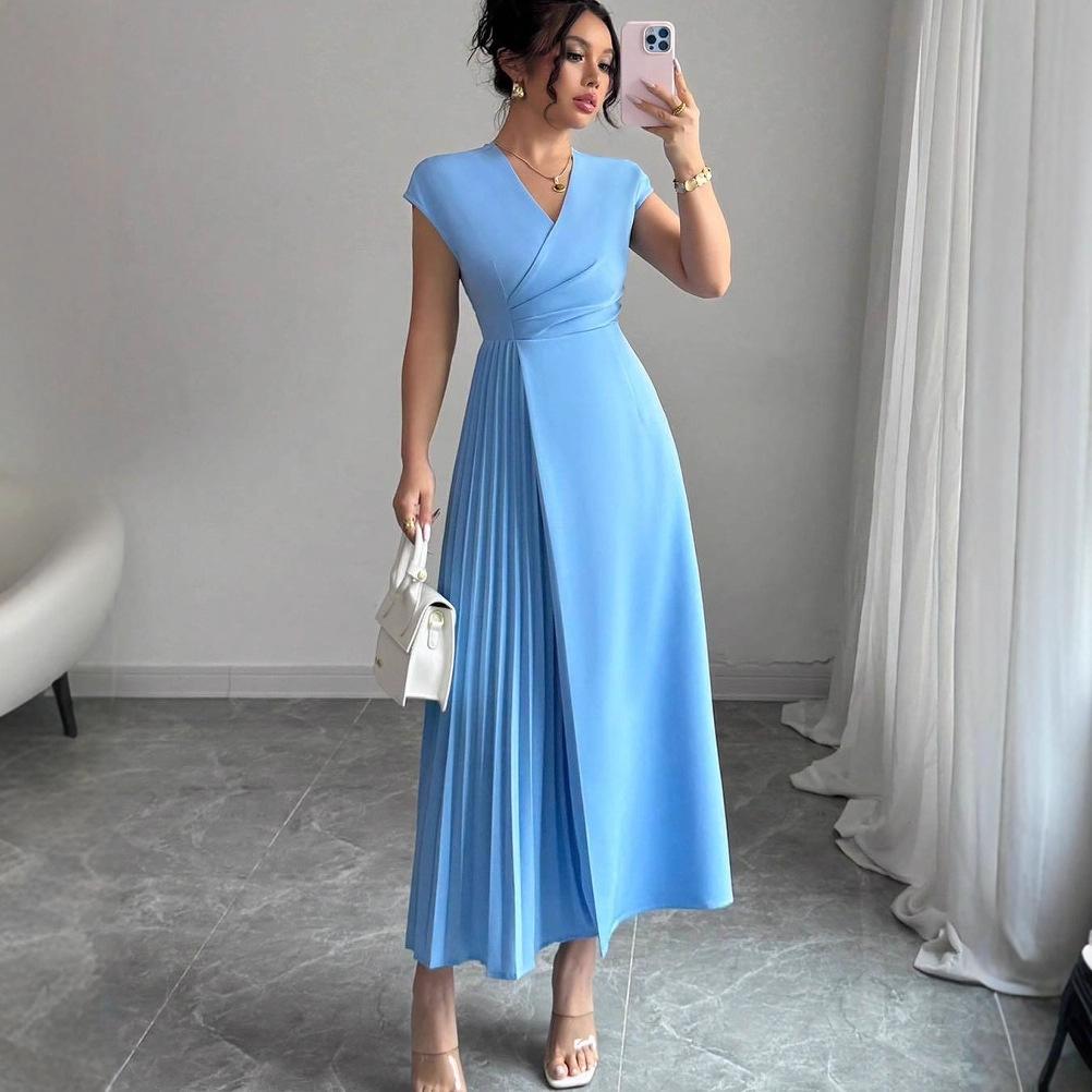 Robe décontractée slim plissée à col en V été 2025 pour femmes, style européen et américain - Nouvelle mode, tempérament