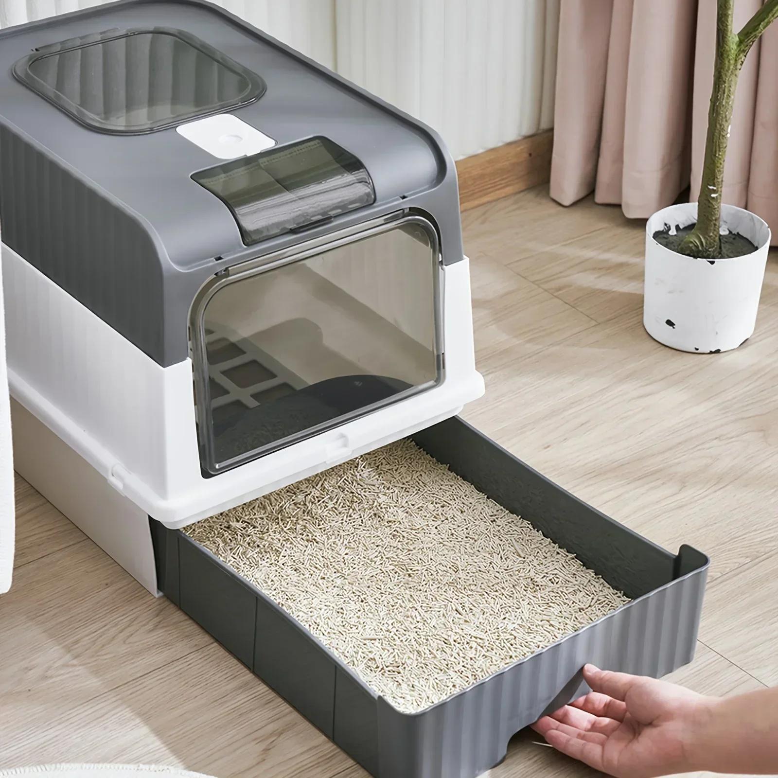 

Fully Enclosed Cat Litter Box with Drawer, Odor Control Splash Proof Toilet, UV Sterilization, Large Hooded Kitty Litter Tray серый