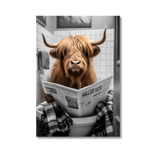 Funny Highland Cow On Toilet Wall Art Poster Prints Rustic Farmhouse Style Canvas Painting Picture for Bathroom Room Home Decor