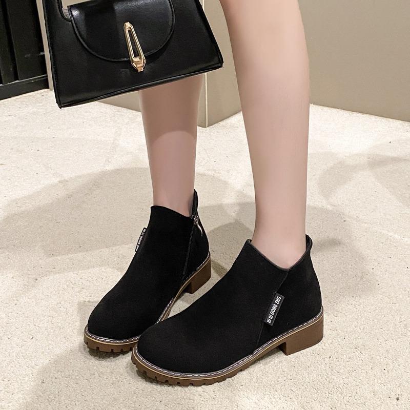 European and Americanforeign Trade Short Tube Medium Heel Retro Matte Short Boots Women's Cross-border Thick Heel Flat Bottom Side Zipper Martin Boots