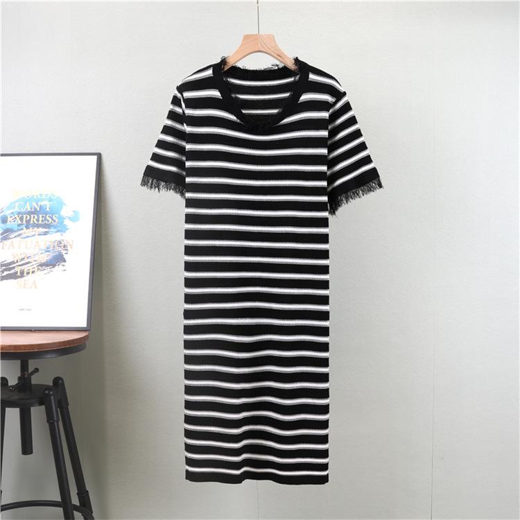 

Женское полосатое трикотажное платье с кисточками и круглым вырезом – летнее облегающее, средней длины One Size