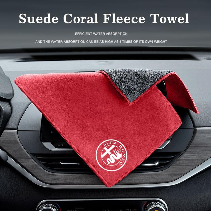 SASB6 Car Emblem Suede Towel Microfiber Uptake Cleaning Rag Cloth For Alfa Romeo 4C 159 Spider Giulia Giulietta 156 Tonale Mito 147 8C