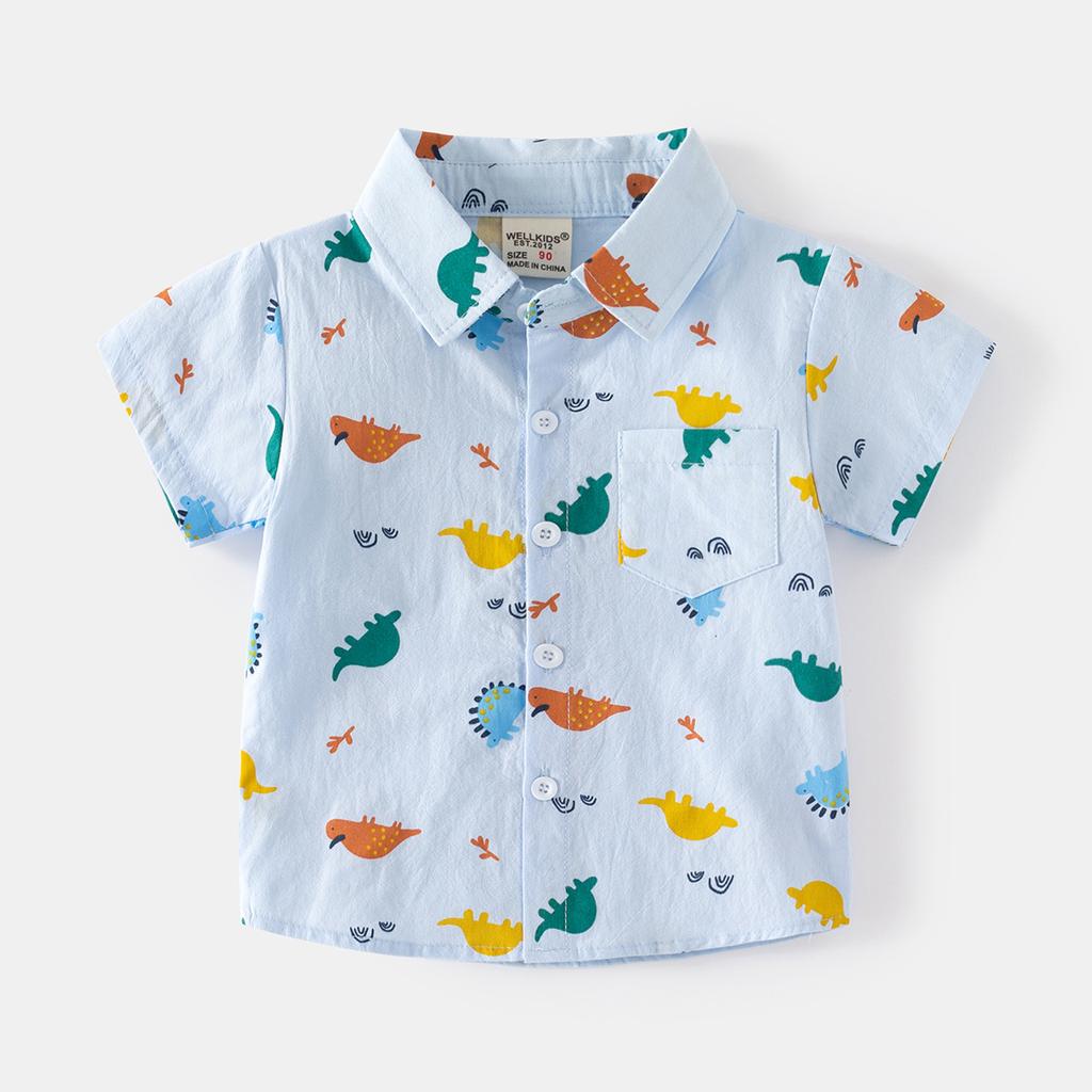 Boys Cartoon Print Shirt Short Sleeve Cotton Button Down Collared Top Moisture Wicking Casual Summer Clothing for Toddler and Kids