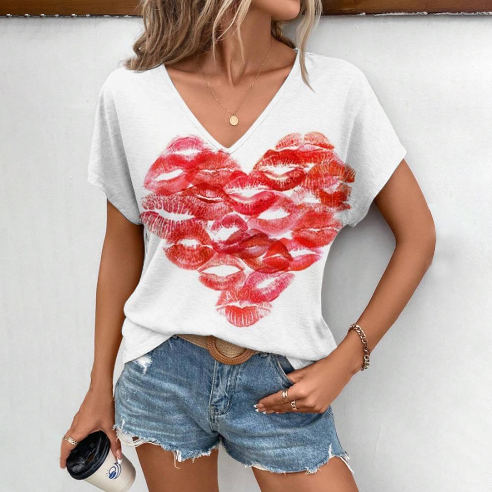 2024 Sommer Freizeit Bequemes T-Shirt Damen Elegantes V-Ausschnitt T-Shirt Mode Herzförmiges Muster Druck Kurzarm T-Shirt
