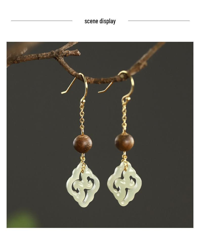Handmade Chinese-Style Hetian Jade & Agarwood Earrings with Ear Hooks - Versatile Design for Women