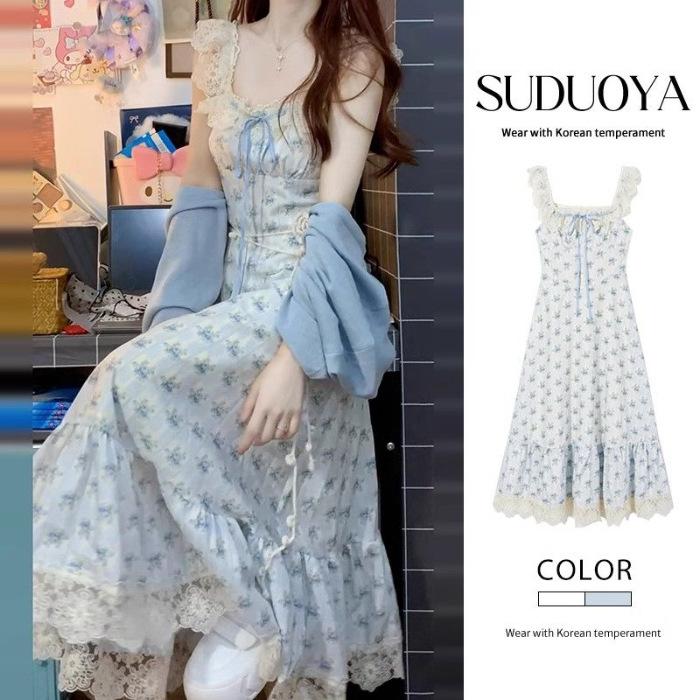 Floral suspender dress new summer pure dating wear long dress women S