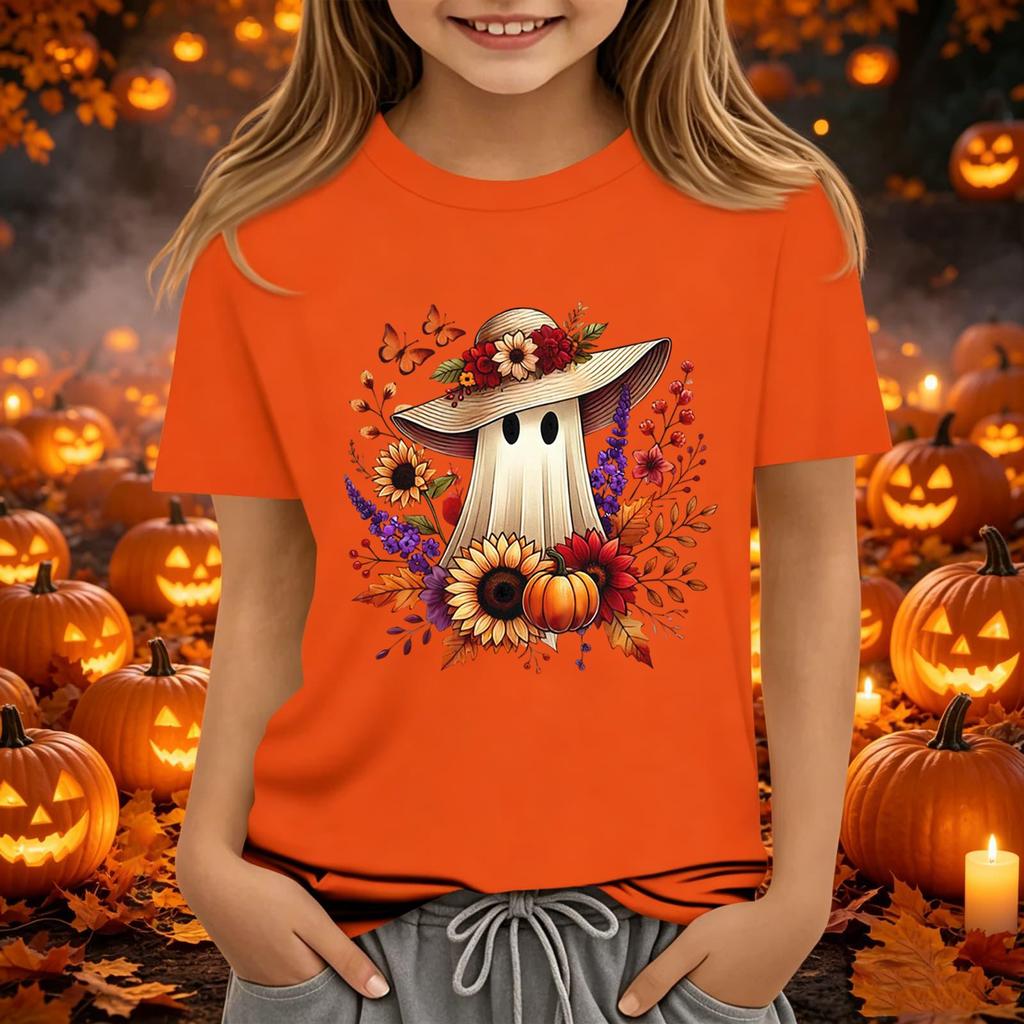 Kids Halloween Printed Short Sleeve T-Shirt, Round Neck Loose Fit Top for Boys Girls Casual Wear