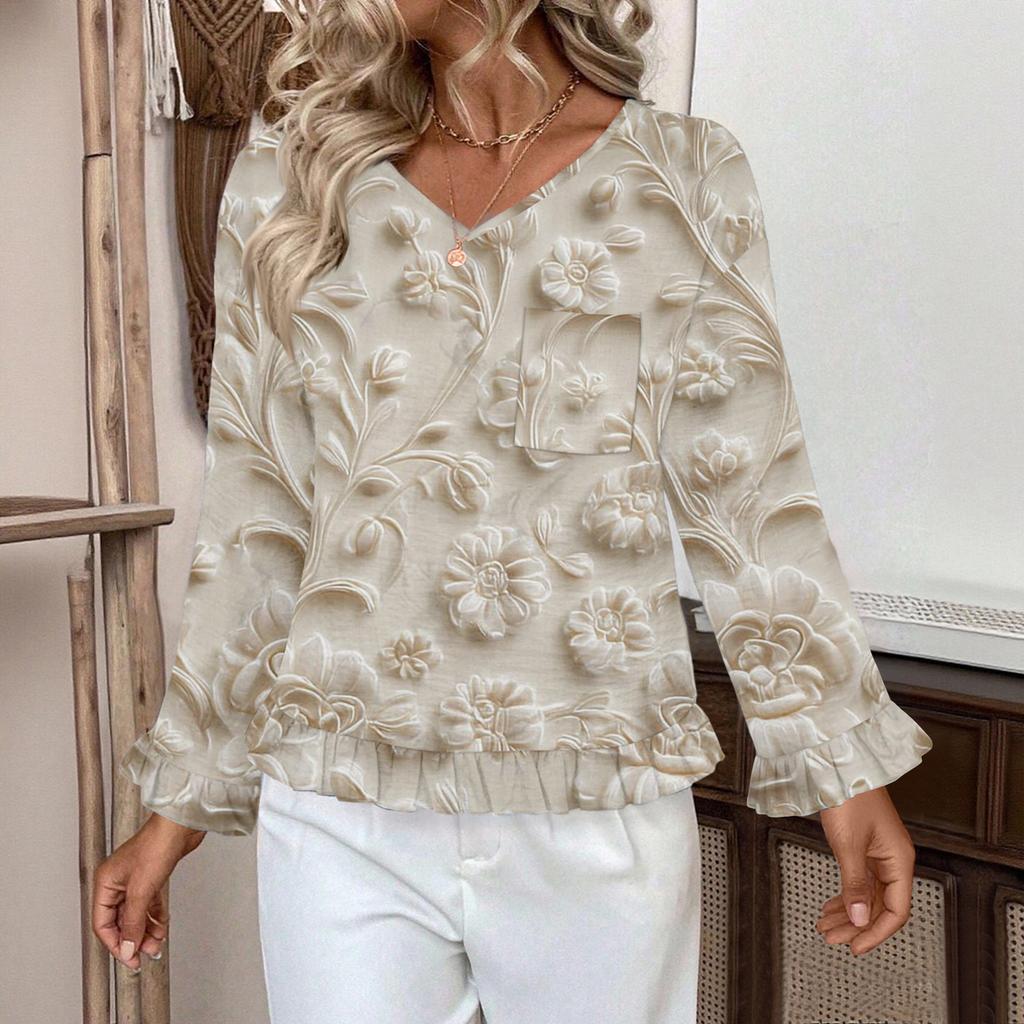 Women's Casual Fashion Ruffled V-Neck Pocket Floral Print Long Sleeve Top