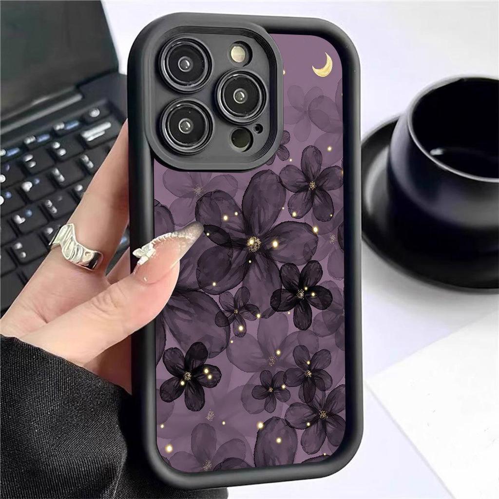 Black Flower on Purple Background Phone Case for iPhone 14-17 Pro Max