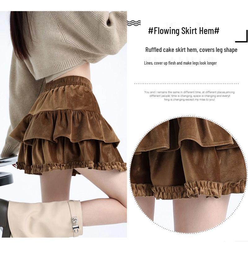 Women's French Retro Velvet High-Waist A-line Skirt: Pleated, Fluffy, Anti-exposure Design for Autumn/Winter