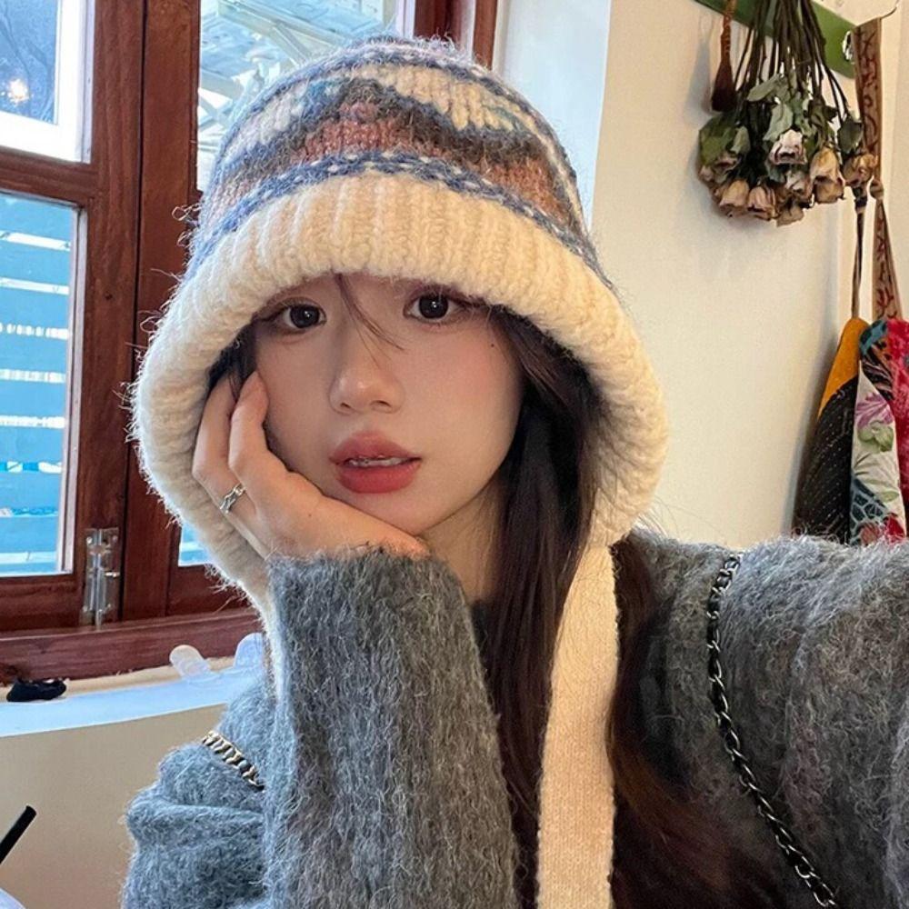 Thicken Knitted Plush Hat Ethnic Style Pullover Beanie Hat Skiing Warm Hat  Outdoor