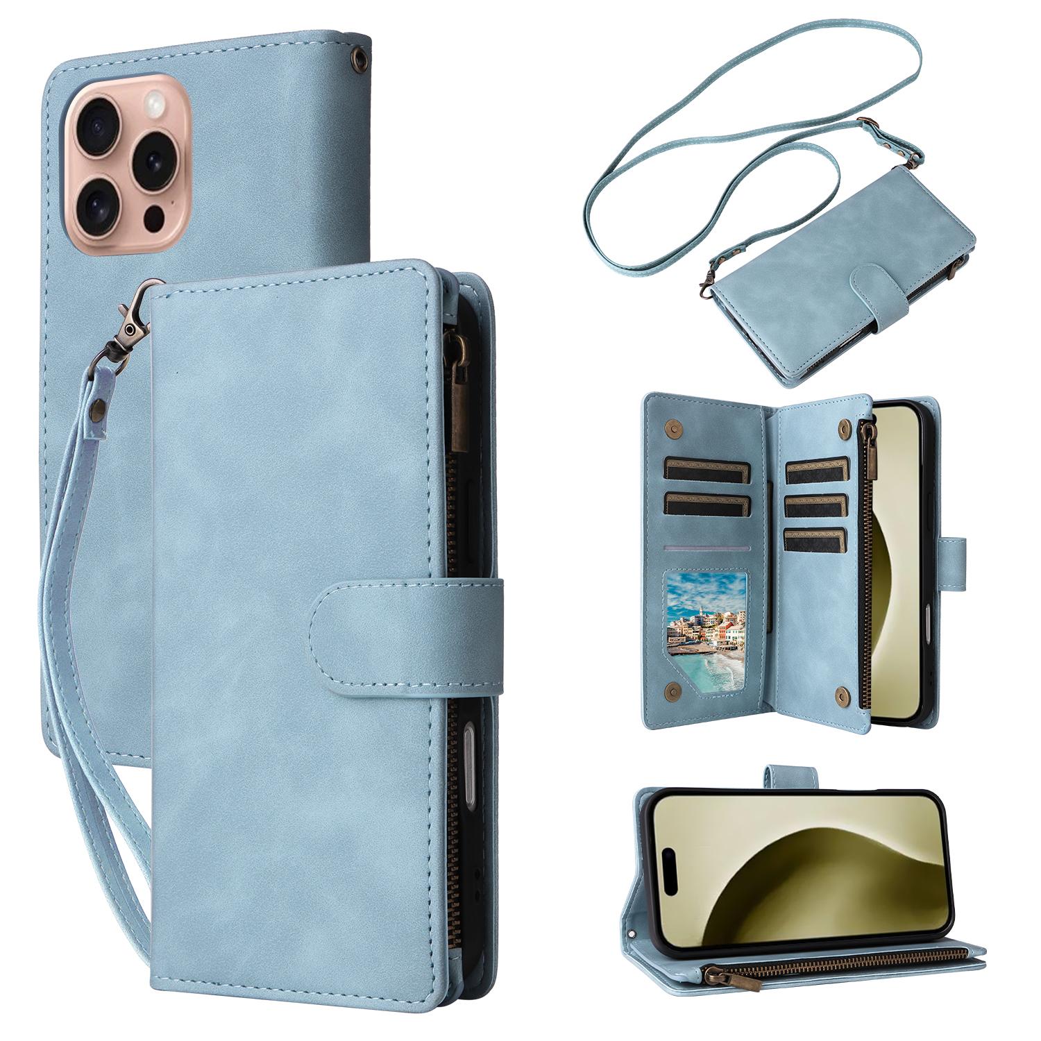 

For iPhone 16 Pro Case Zipper Pocket PU Leather Wallet Phone Stand Cover with Strap Sky Blue