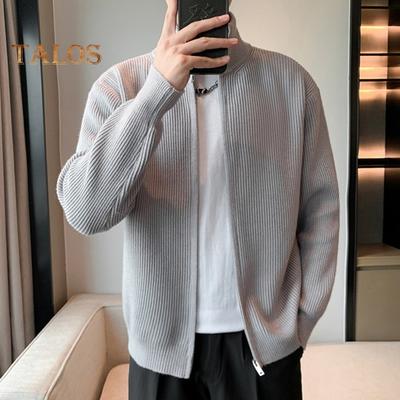 Herren Pullover Mantel Reißverschluss Strick Elastisch Lange Ärmel Stehkragen Oberbekleidung Reine Farbe Lässige Strickjacke Alltagskleidung Schule Mittellange Jacke