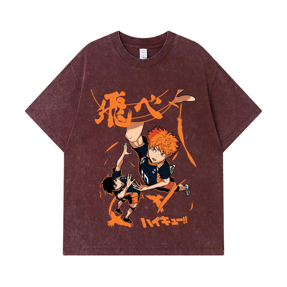 275 GSM Washed T-shirts 100% Cotton Haikyuu V10 Hinata Tobio Print Unisex Heavy Cotton T Shirt