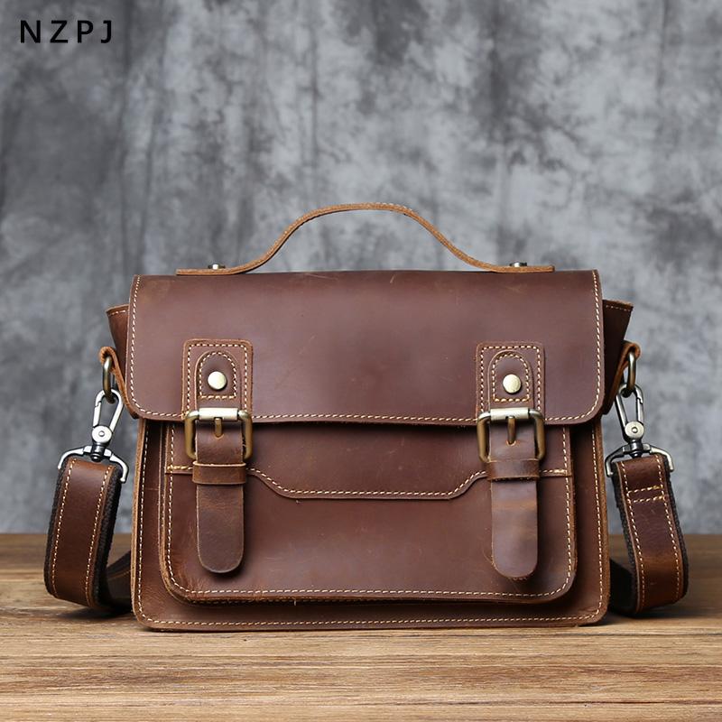 NZPJ Retro Leather Men's Mailman Bag Crazy Horse Men's Bag Top Layer Cowhide Shoulder Bag Casual Handbag For 10-Inch IPad