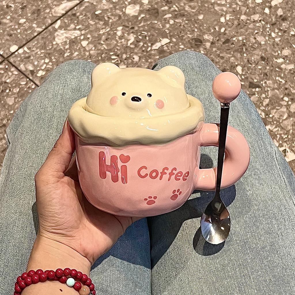 High-value Bear Mug with Lid Spoon, Cute Ceramic Water Cup for Girls' Birthday Gift, Cup Companion Gift