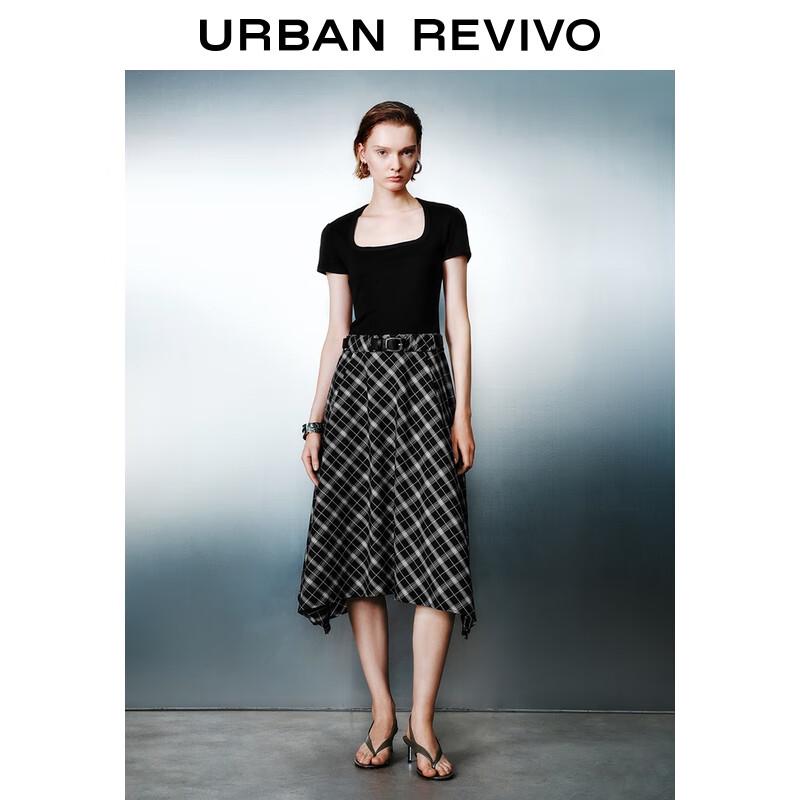 

UR Women s Spliced Plaid Belted Short Sleeve Dress L