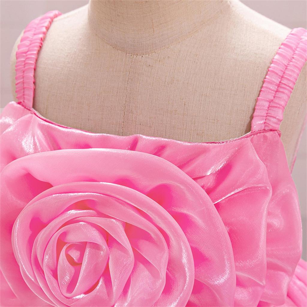 Toddler Princess Dress with 3D Rose Flowers and Shiny Satin Puff Sleeves