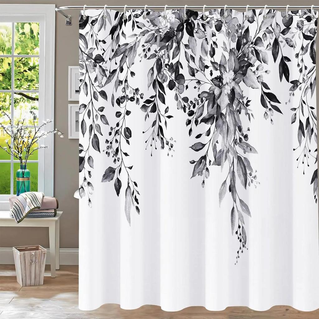 Bathroom Fabric Shower Curtain Waterproof Green Washable Watercolor Leaf Top Plant Bathroom Shower Curtain with Flowers