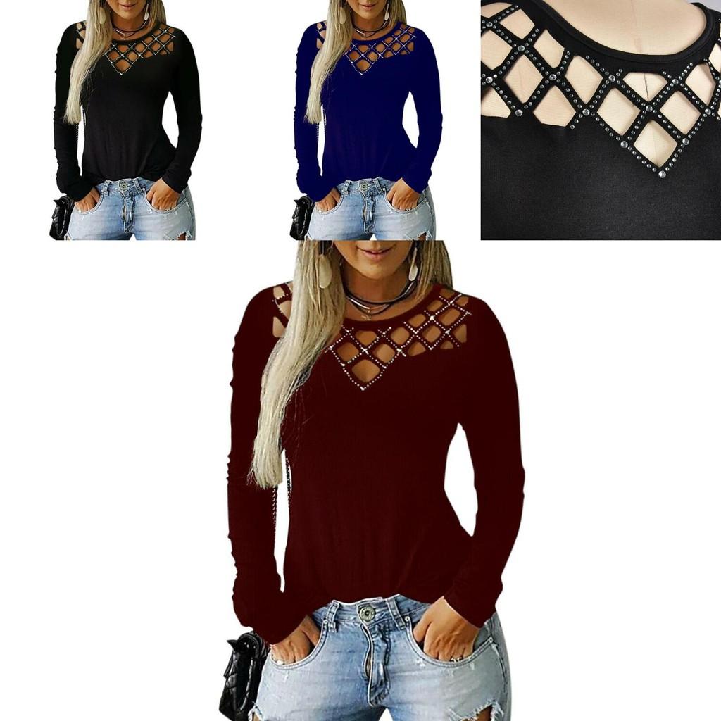Stylish Women's Hollow Long Sleeve T-shirt For Casual Chic V-neck Pullover Top
