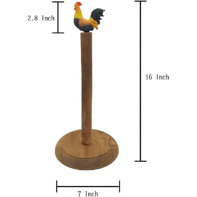 Rooster Design Rustic Brown Wood Paper Towel Holder Stand Up Paper Towel Holder, Easy One-Handed Tear Kitchen Paper Towel Dispenser with Weighted