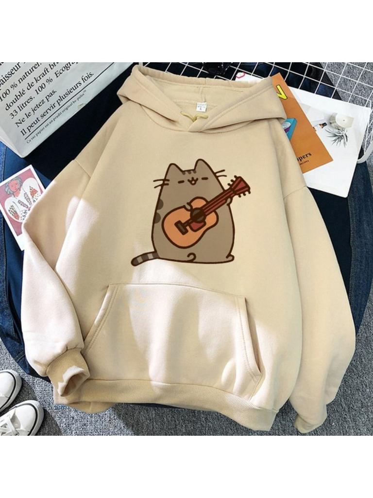 Felpe con Cappuccio Nere a Manica Lunga Donna Squalo Gatto Felpe con Cappuccio Divertenti Animali Cartoni Animati Stampa Grafica Pullover Streetwear
