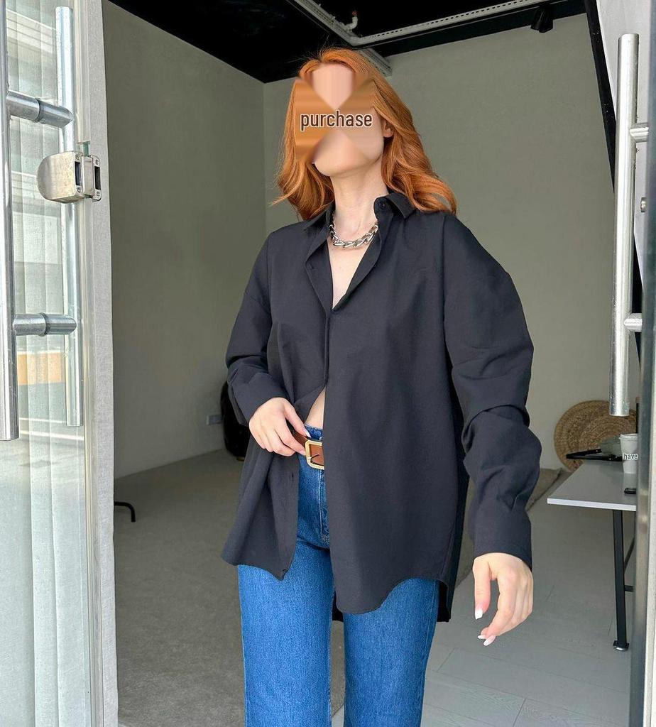 European and American Women's Solid Color Long-Sleeve Back Slit Loose Shirt - Autumn 2023 Fashion.