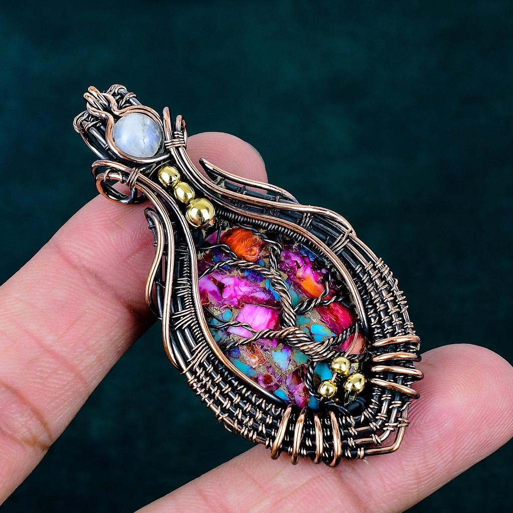 Kingman Pink Dahlia Turquoise Pendant Copper Wire Wearing Pendant Gemstone Jewelry Handmade Tree of Life Jewelry Rainbow Moonstone Pendant