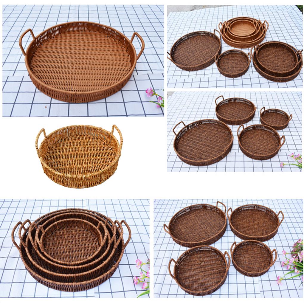 Ručně pletený podnos Kulaté úložné podnosy s rukojetí Lehká mísa na ovoce Přenosný kuchyňský úložný koš pro domácnost