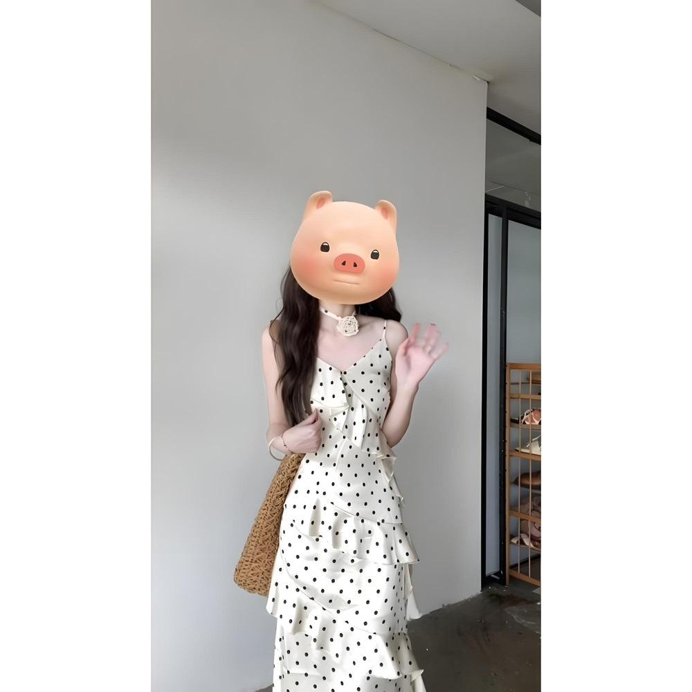 

Платье-сарафан в горошек с бретелями, с неровным подолом, летнее, с завышенной талией, тонкое, французское, красивое, с оборкой лепесток лотоса , длинное, детское XL- (recommended 110-60kg)